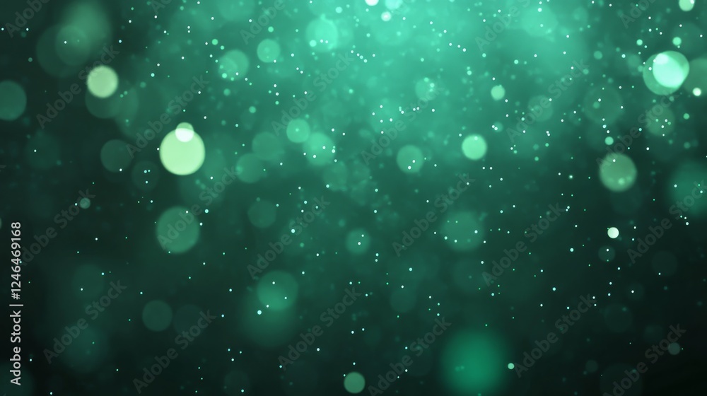 Poster Gold light particles shimmer and scatter over an emerald green backdrop, creating a vibrant and festive atmosphere, with ample space for design elements