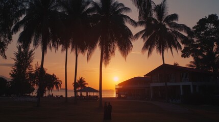 Obraz premium Tropical Sunset Silhouette at Beachfront Resort