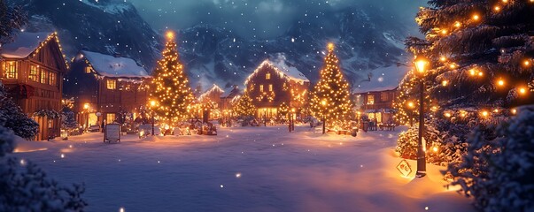 Fototapeta premium A cozy winter celebration with a snow-covered village square illuminated by warm golden fairy lights and festive decorations