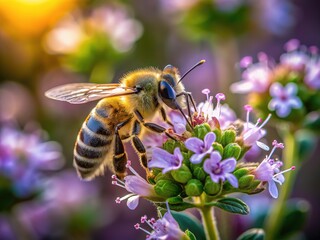 Macro shot of a bee on wildflowers, focusing on botanical detail.