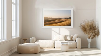 A clean white frame in a sunlit room with soft, neutral-toned furniture.  HD 8K mockup wallpaper Photographic Image