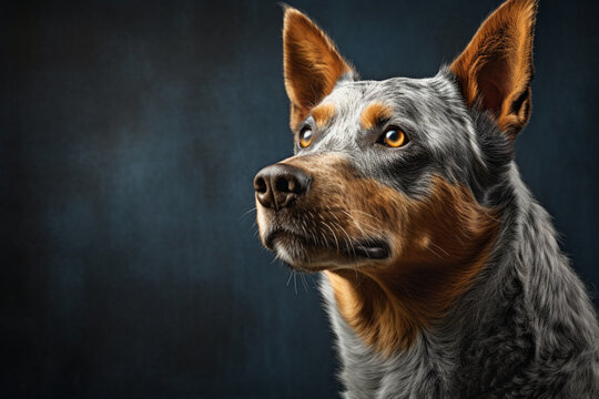 Australian Cattle Dog close-up portrait on a black background.