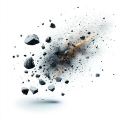 Fototapeta premium Asteroid Field in Space, chaotic debris floating in the void, dark gritty textures, starkly contrasted against a white backdrop