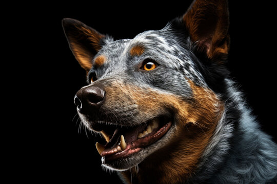 Australian Cattle Dog close-up portrait on a black background.