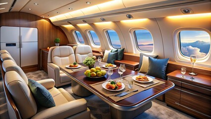 Fototapeta premium Luxurious private jet, gourmet meal photography.