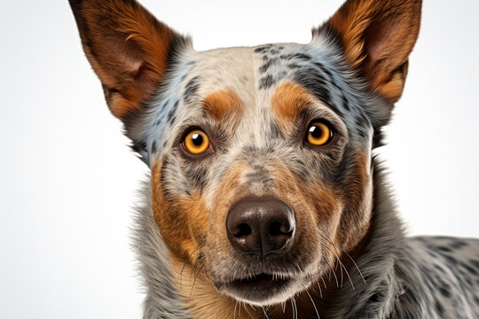 Australian Cattle Dog close-up portrait on a white background.