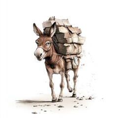 Overloaded Donkey of Debt, vintage illustration, earthy tones, symbolizing burdens and financial struggles, isolated against white backdrop