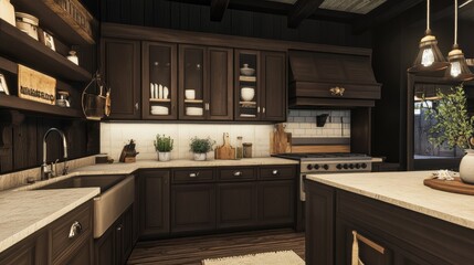 Rustic kitchen with dark wood cabinets, stone countertops, and vintage lighting
