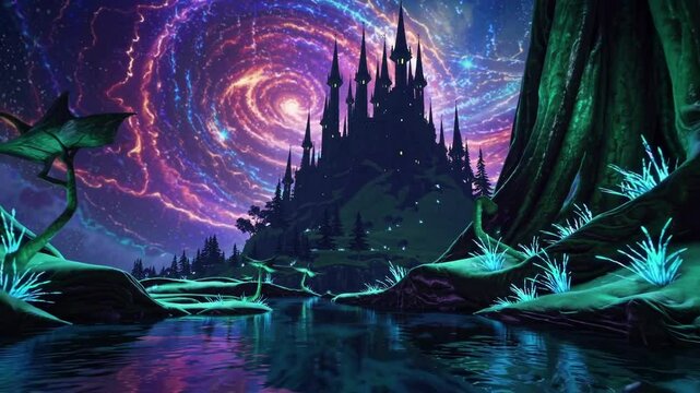 Fantasy landscape with castle and cosmic sky