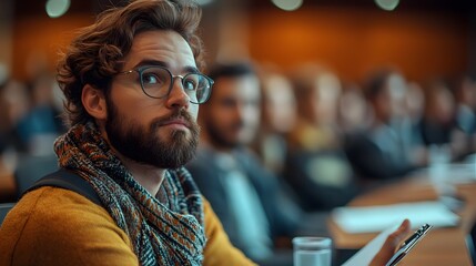 Fototapeta premium Business Meeting Attendee Looking Up with Interest in Professional Setting