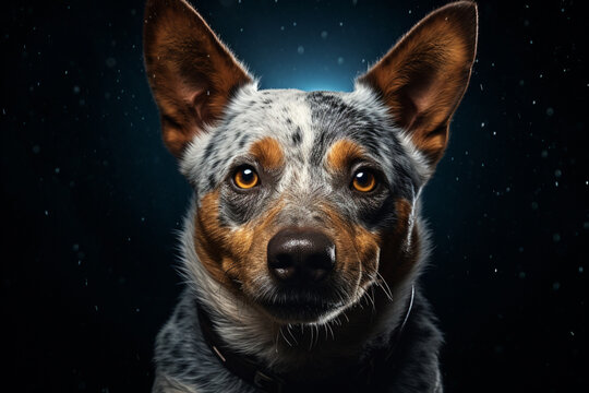 Australian Cattle Dog close-up portrait on a black background.