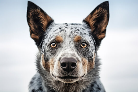 Australian Cattle Dog close-up portrait on a white background.