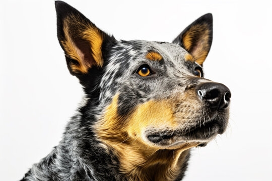 Australian Cattle Dog close-up portrait on a white background.