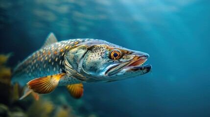 Fototapeta premium Underwater close-up of a vibrant northern pike swimming among aquatic plants in clear water