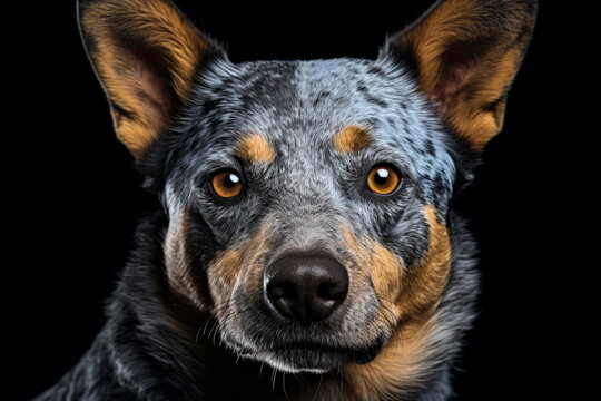 Australian Cattle Dog close-up portrait on a black background.