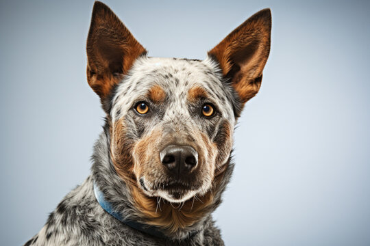 Australian Cattle Dog close-up portrait on a white background.