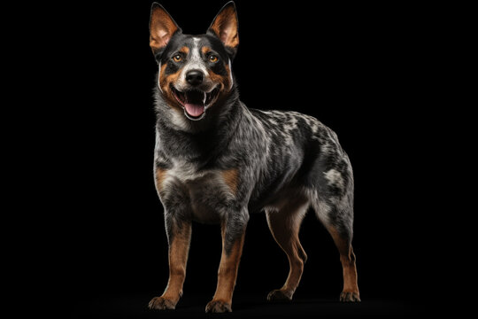 Australian Cattle Dog standing on a black background. Animal left-side portrait.