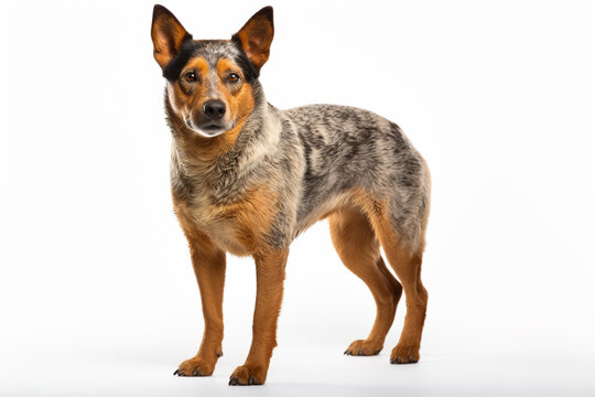 Australian Cattle Dog standing on a white background. Animal left-side portrait.