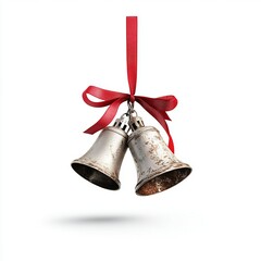Elegant Christmas Bells Adorned with Red Ribbon, Shiny Metal Finish, Isolated on White Background, Perfect for Holiday Cheer