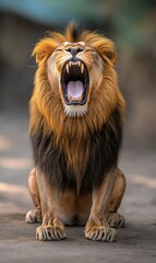 Fototapeta premium Roaring lion in wild, open mouth showing teeth, blurred background, ideal for wildlife projects