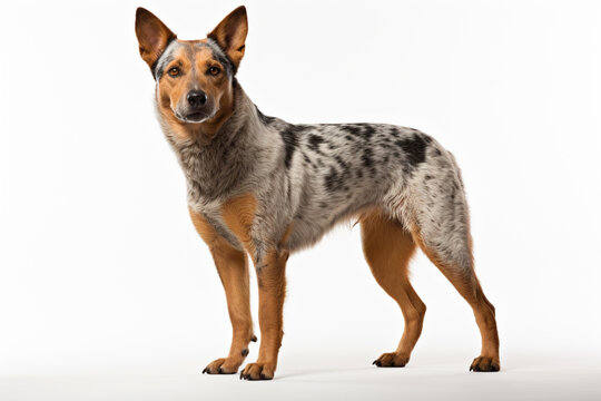 Australian Cattle Dog standing on a white background. Animal left-side portrait.