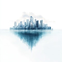 Futuristic Urban Submersion, a cityscape enveloped in water, featuring cool blue tones, set against a stark white background.