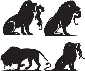 African lion eating poses silhouette, lion eating meat vector, black and white lion illustration, lion feeding silhouette set