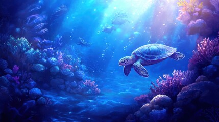 Fototapeta premium Underwater Scene with Sea Turtle Swimming Among Vibrant Corals