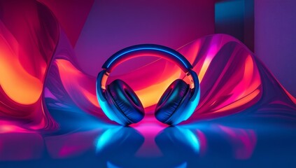 Neon Headphones Studio Colorful Abstract Music
