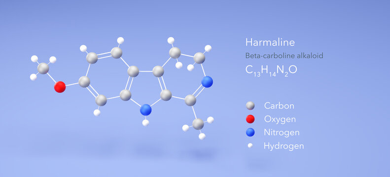 harmaline molecule, molecular structure, alkaloid, 3d model, Structural Chemical Formula and Atoms with Color Coding