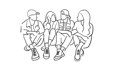 Group of 4 young people are sitting on the ground together and talking. Minimalistic black and white sketch. Vector illustration isolated on white background