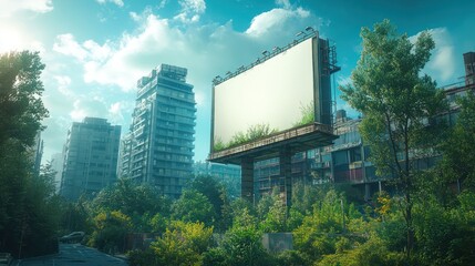 Overgrown Billboard in Urban Jungle: A Post-Apocalyptic Scene