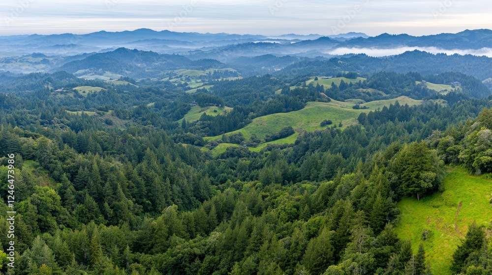 Poster experience a breathtaking aerial perspective of a dense forest with vibrant greenery and rolling hil