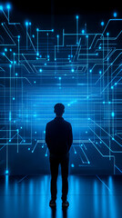 A silhouette of a person stands before a glowing blue digital interface, symbolizing technology and innovation.