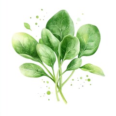 Vibrant Organic Spinach Leaves, Watercolor Artwork, Lush Green Foliage, Isolated on White, Fresh and Nutritious, Artistic Representation