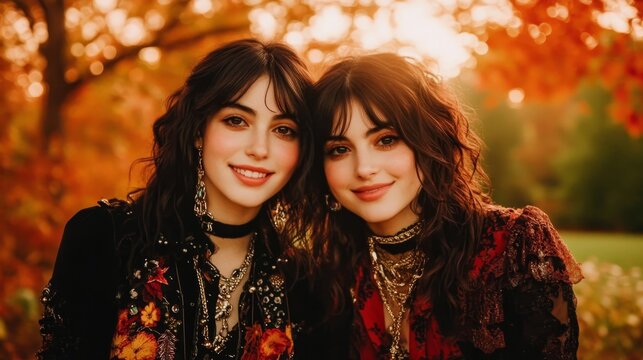 Twin Sisters Autumn Portrait in Fall Foliage