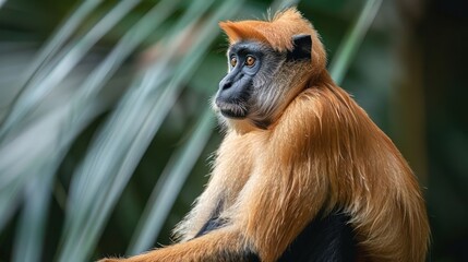 Fototapeta premium Majestic monkey sitting calmly amidst lush green foliage, showcasing its vibrant fur and serene expression