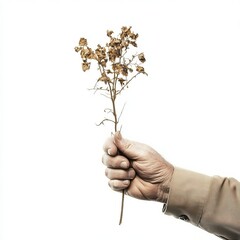Wilted Hope, a human hand cradles a fading plant, symbolizing fragility and resilience, earthy tones against a stark white backdrop