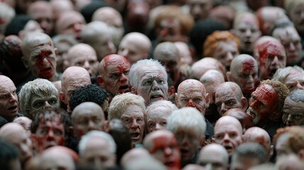 Crowd of bloody, zombie-like figures. Horror film still