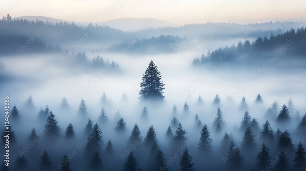 Poster A dense fog blankets a vast forest, creating a tranquil atmosphere, while a towering redwood stands majestically through the mist, captivating the viewer