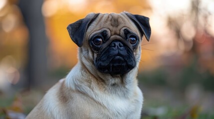 Close-up of a pug dog with expressive eyes in a vibrant autumn park setting
