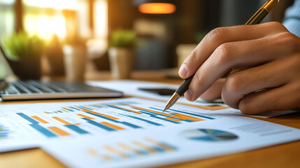 Person Analyzing Data and Graphs with Pen on Office Desk