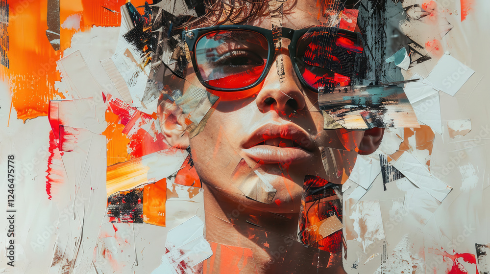Poster abstract collage of young man with modern art techniques and trendy paper compositions, creating str