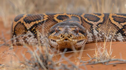 Naklejka premium Close-up of a majestic snake resting on sandy terrain, surrounded by dry grass and shrubs