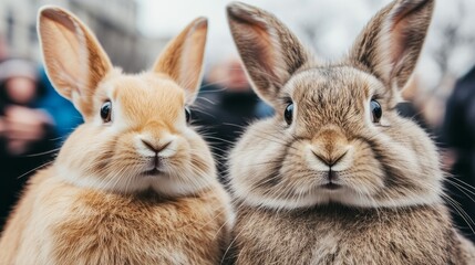 Fototapeta premium Two Adorable Fluffy Rabbits Posing Close Up
