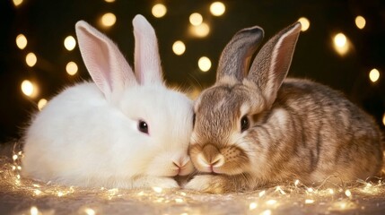 Fototapeta premium Two Adorable Rabbits Nestled Together in Festive Lights