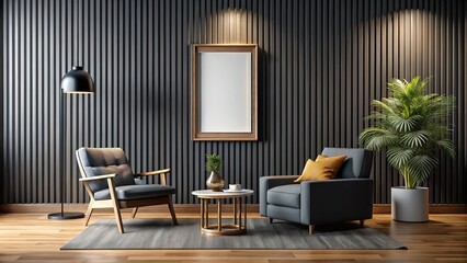 Empty picture frame, a stark accent on a dark gray living room wall.