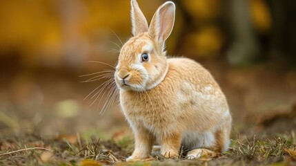 Fototapeta premium A fluffy rabbit sitting on the ground surrounded by autumn foliage, showcasing nature's beauty