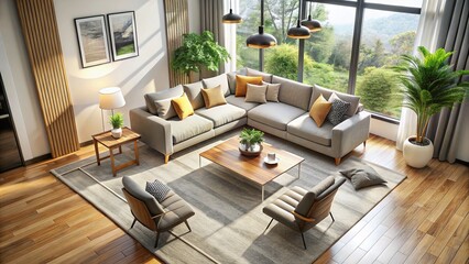 Fototapeta premium Elevated view of a stylish, contemporary living space.