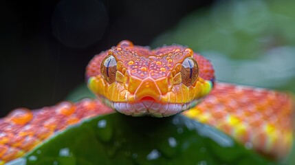 Fototapeta premium Close-up of a vibrant, water-droplet-covered snake resting on a green leaf in a lush environment